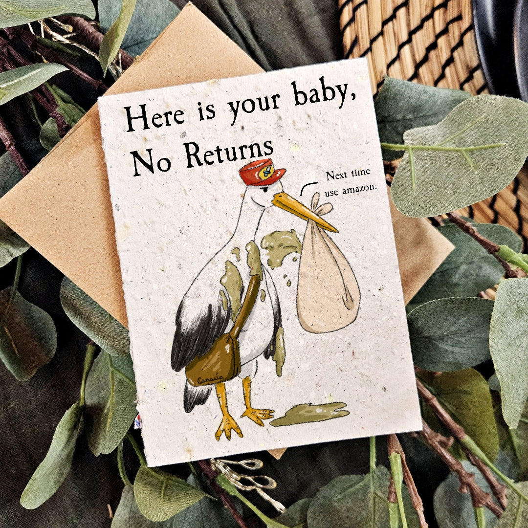 Greeting card with stork and baby illustration on a leafy background