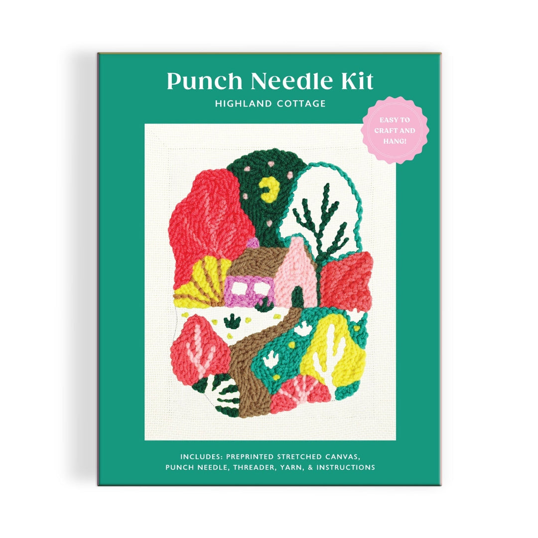 Punch needle kit packaging with colorful embroidery design on a green background