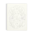 A vertical canvas art print featuring a minimalist black line art illustration of a cottage surrounded by stylized trees, plants, and a crescent moon, shown against a plain white background.