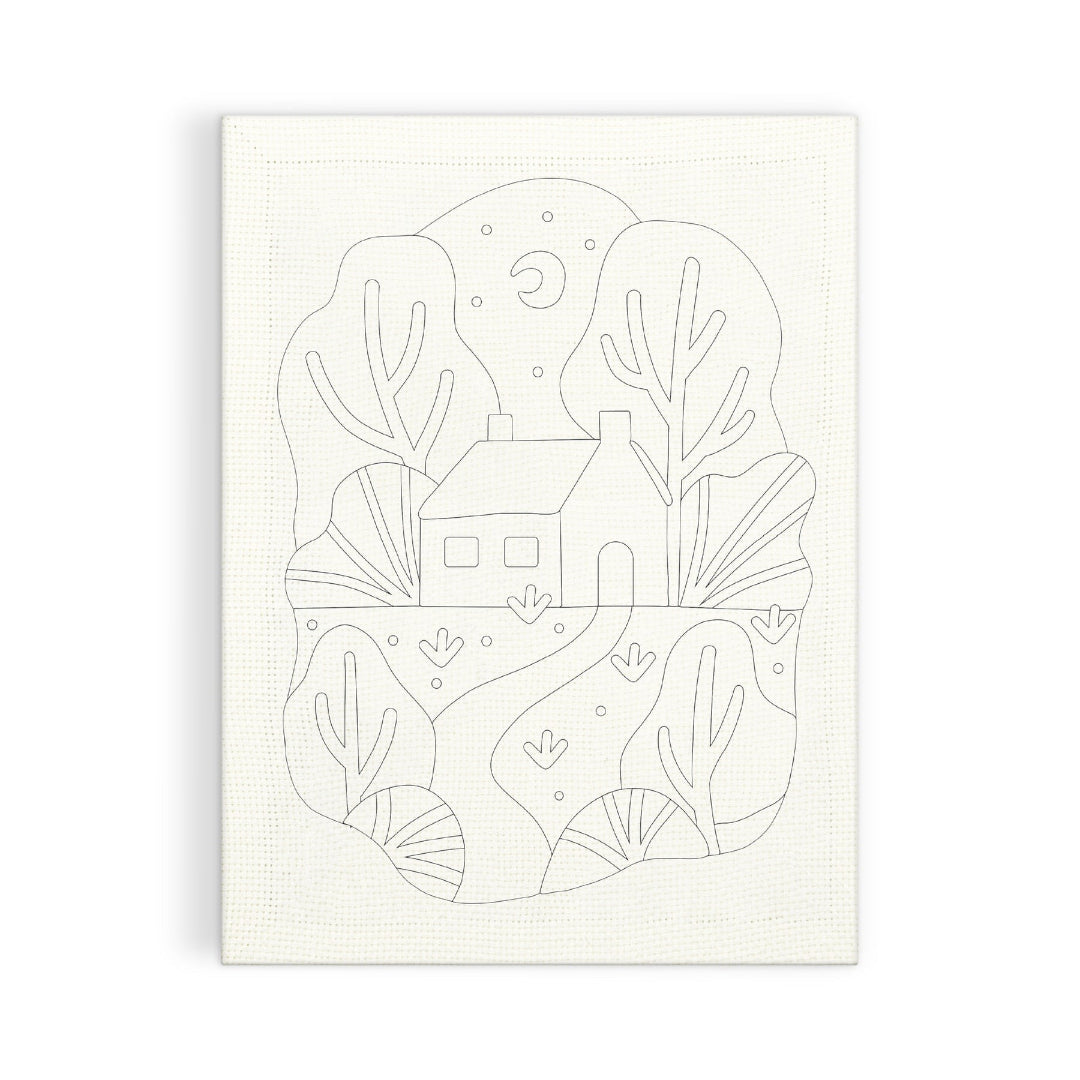 A vertical canvas art print featuring a minimalist black line art illustration of a cottage surrounded by stylized trees, plants, and a crescent moon, shown against a plain white background.