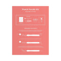A coral pink instruction card for a 'Punch Needle Kit' titled 'Highland Cottage', showing included items and step-by-step threading diagrams on a white background.
