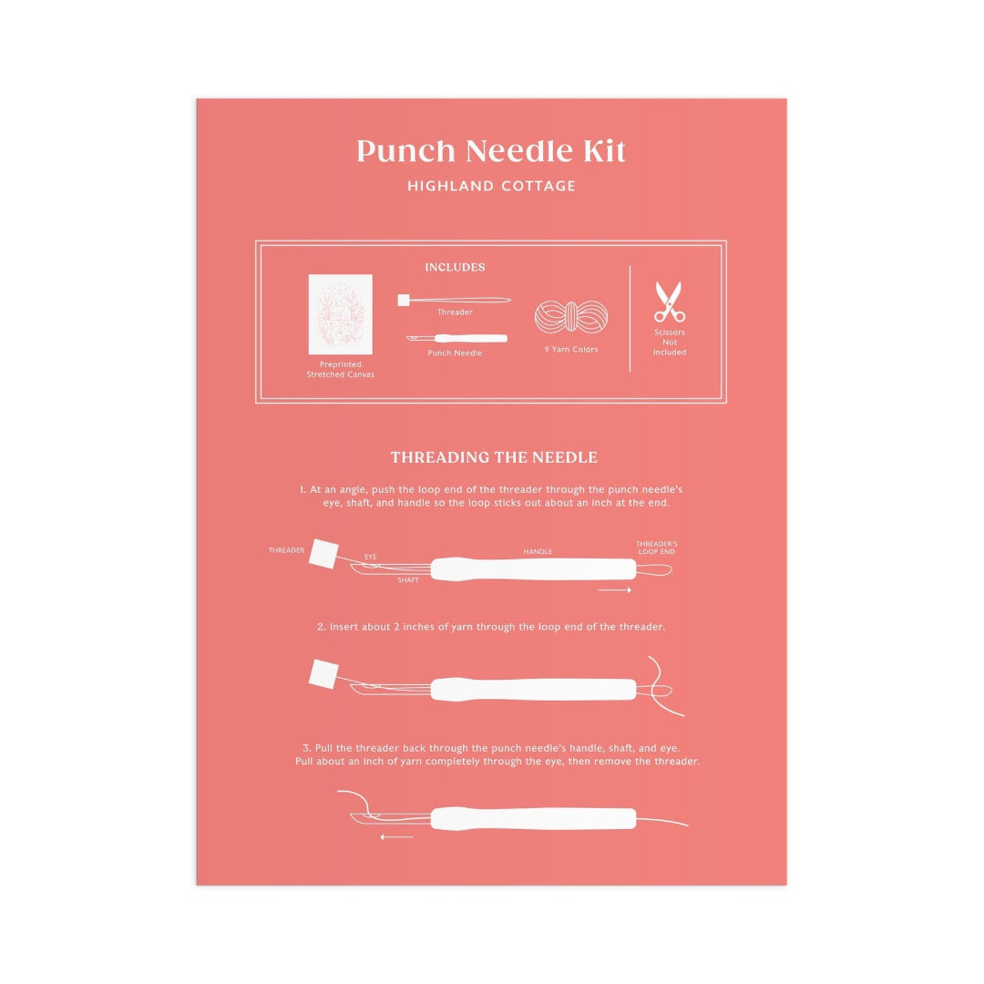 A coral pink instruction card for a 'Punch Needle Kit' titled 'Highland Cottage', showing included items and step-by-step threading diagrams on a white background.