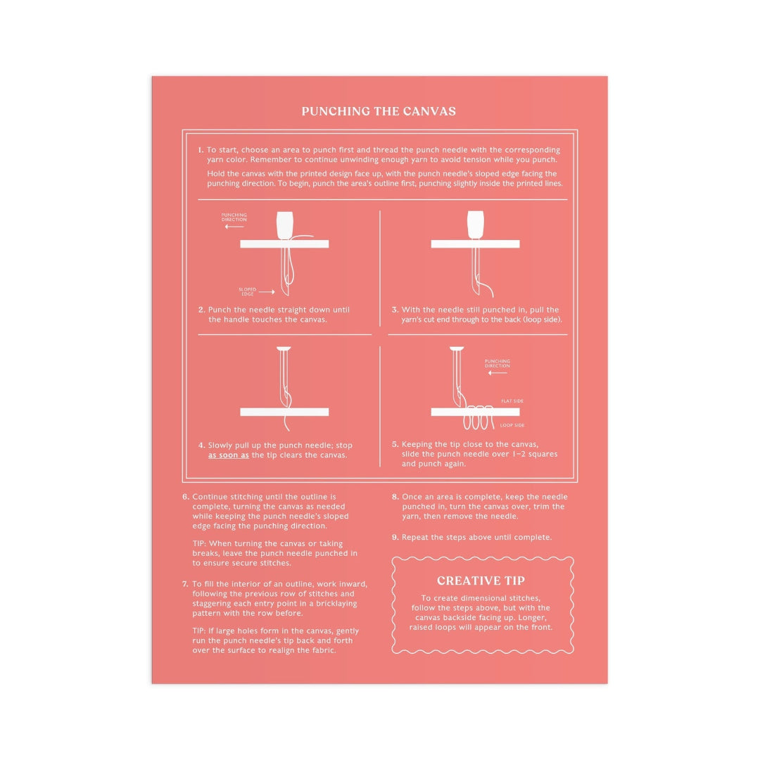 A coral pink instruction sheet titled 'PUNCHING THE CANVAS' with step-by-step diagrams and text for punching a needle in a canvas fabric, shown on a white background.