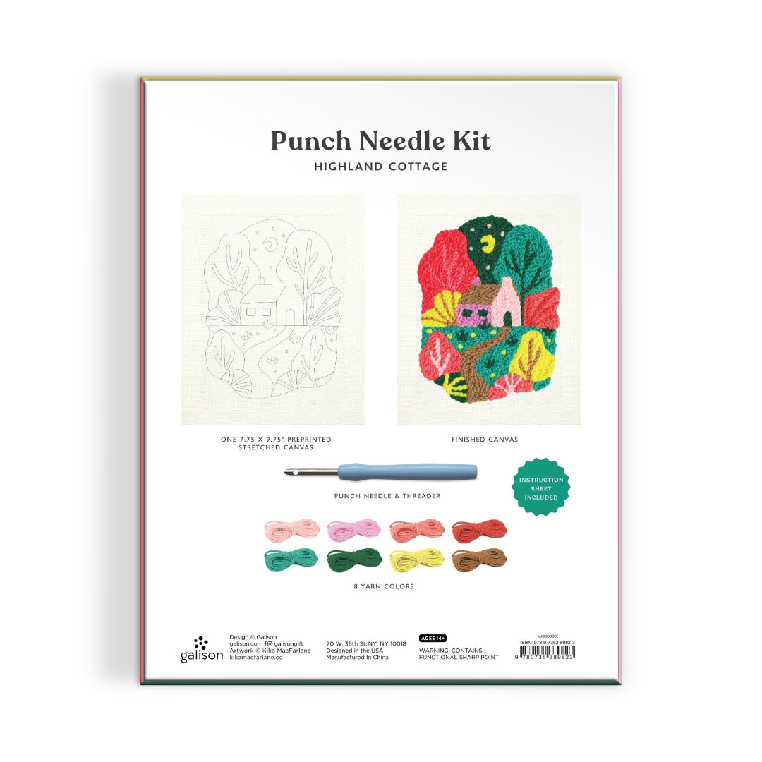 Punch Needle Kit Highland Cottage pattern sheet by Galison, showing the design process from a black-and-white sketch to a finished colorful patchwork canvas, with a punch needle and thread samples below.