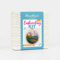 Embroidery kit packaging with 'Hawthorn Handmade' branding on a white background