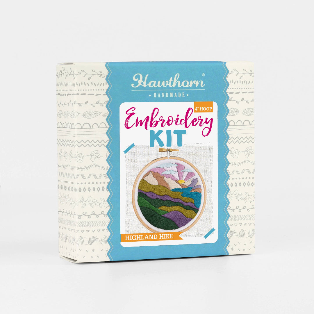 Embroidery kit packaging with 'Hawthorn Handmade' branding on a white background