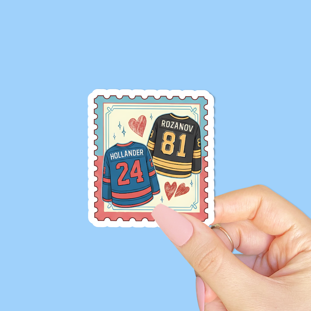 Hockey jersey sticker with names and numbers held by a hand on a blue background
