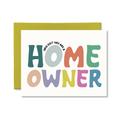 Colorful greeting card with 'HOME OWNER' text and green envelope on white background