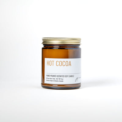 Candle jar labeled 'Hot Cocoa' on a white background