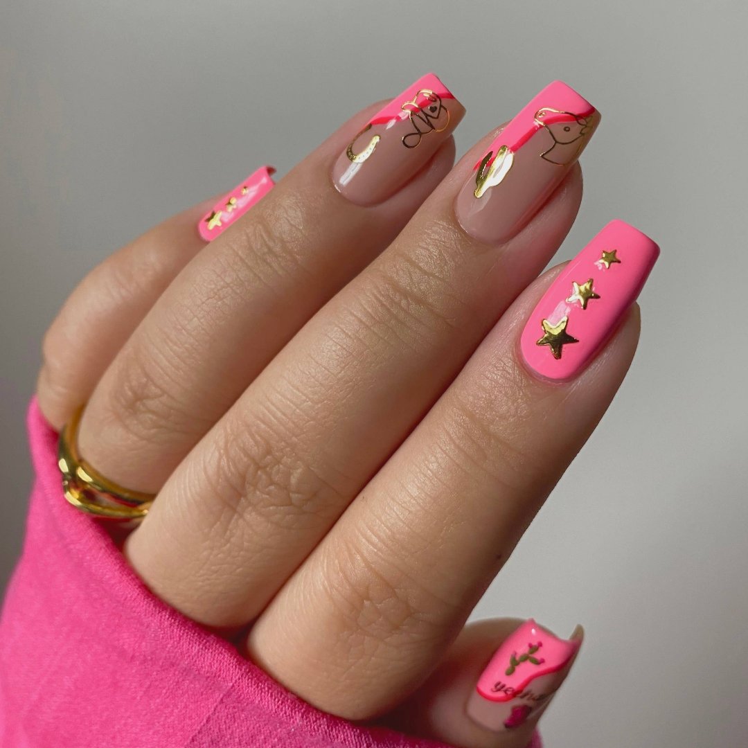 A sheet of cowboy-themed nail art stickers. The sheet is purple and has the brand name "Deco Beauty" printed on it. There's a section titled "Howdy" and instructions on how to apply the stickers. The stickers include various cowboy-themed designs like boots, horseshoes, stars, and butterflies.
