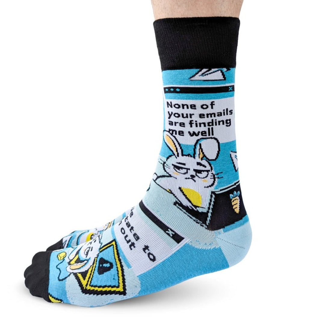 Sock with cartoon character and text on a white background