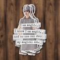 Sticker with a character and humorous text on a wooden background