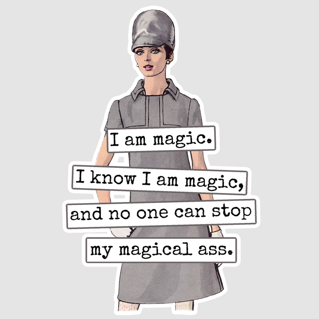 Illustration of a person wearing a helmet with humorous text about being magical.