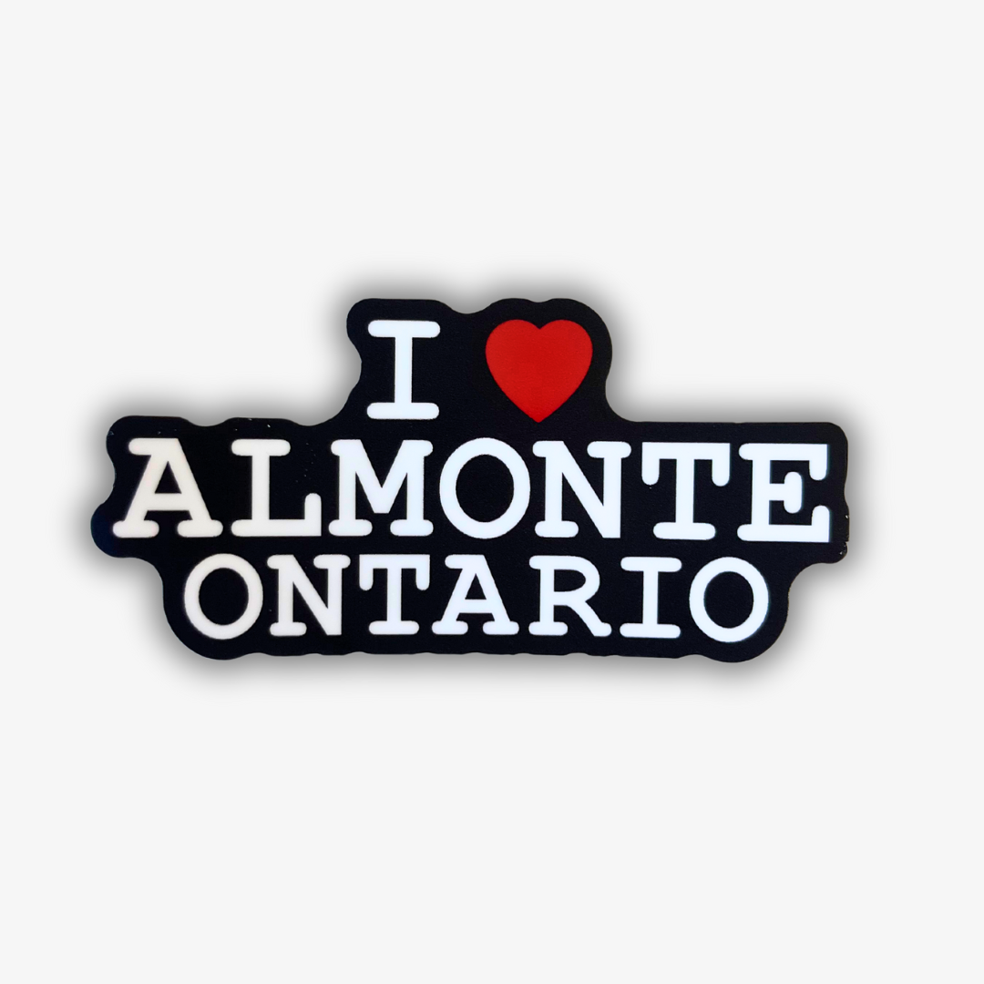 A vinyl sticker with the text 'I Heart Almonte Ontario' featuring a red heart and black letters.