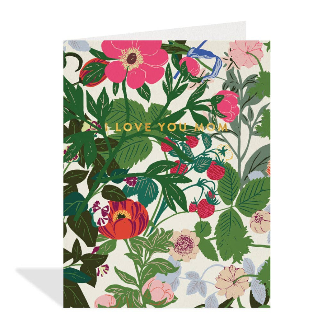Floral card with 'I Love You Mom' text on a white background