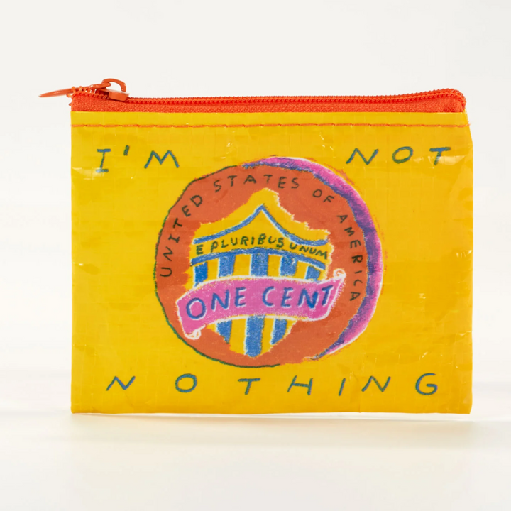 A yellow coin purse with a playful design. The purse features a modified version of the 