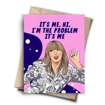 A humorous card featuring a cartoon drawing of Taylor Swift waving. The background is pink with white bubbles, and the text reads, 