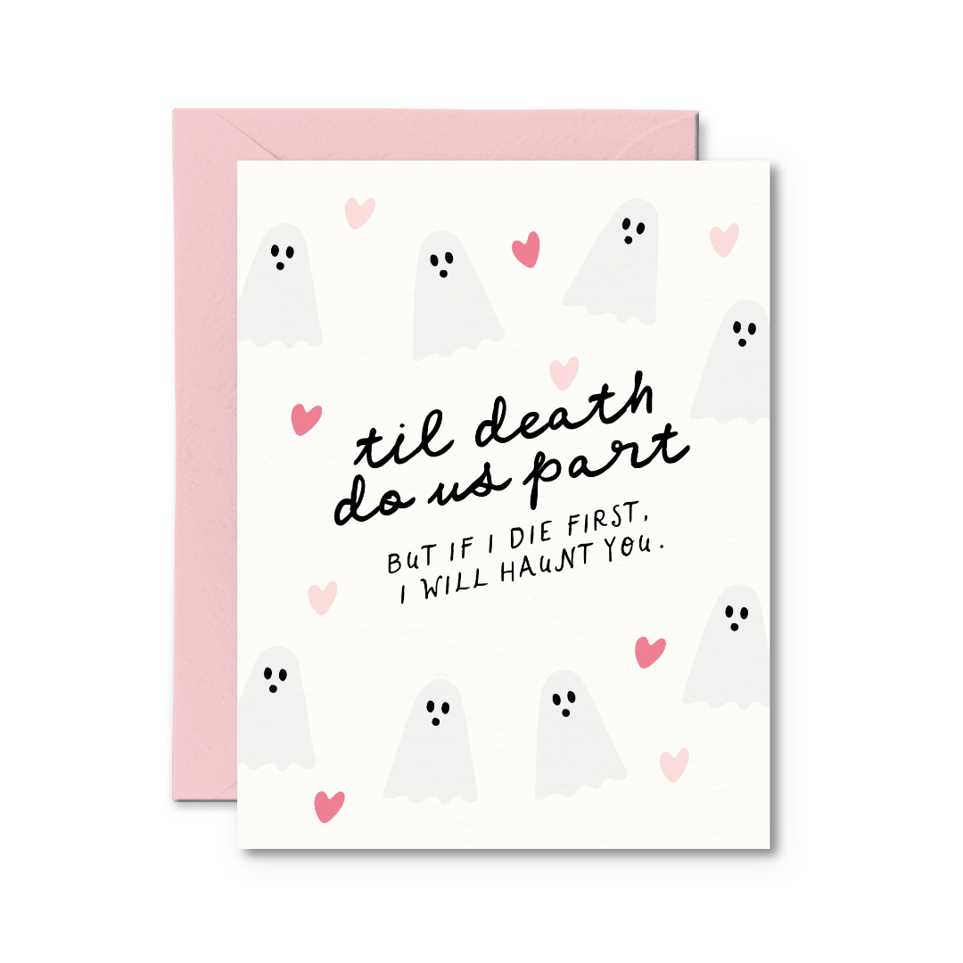 Greeting card with ghost illustrations and text on a white background