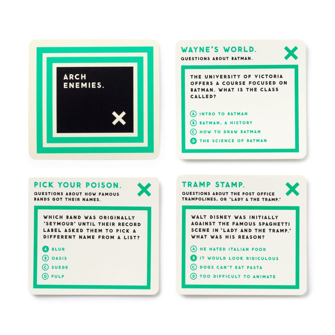 Four card questions from a game set on a white background