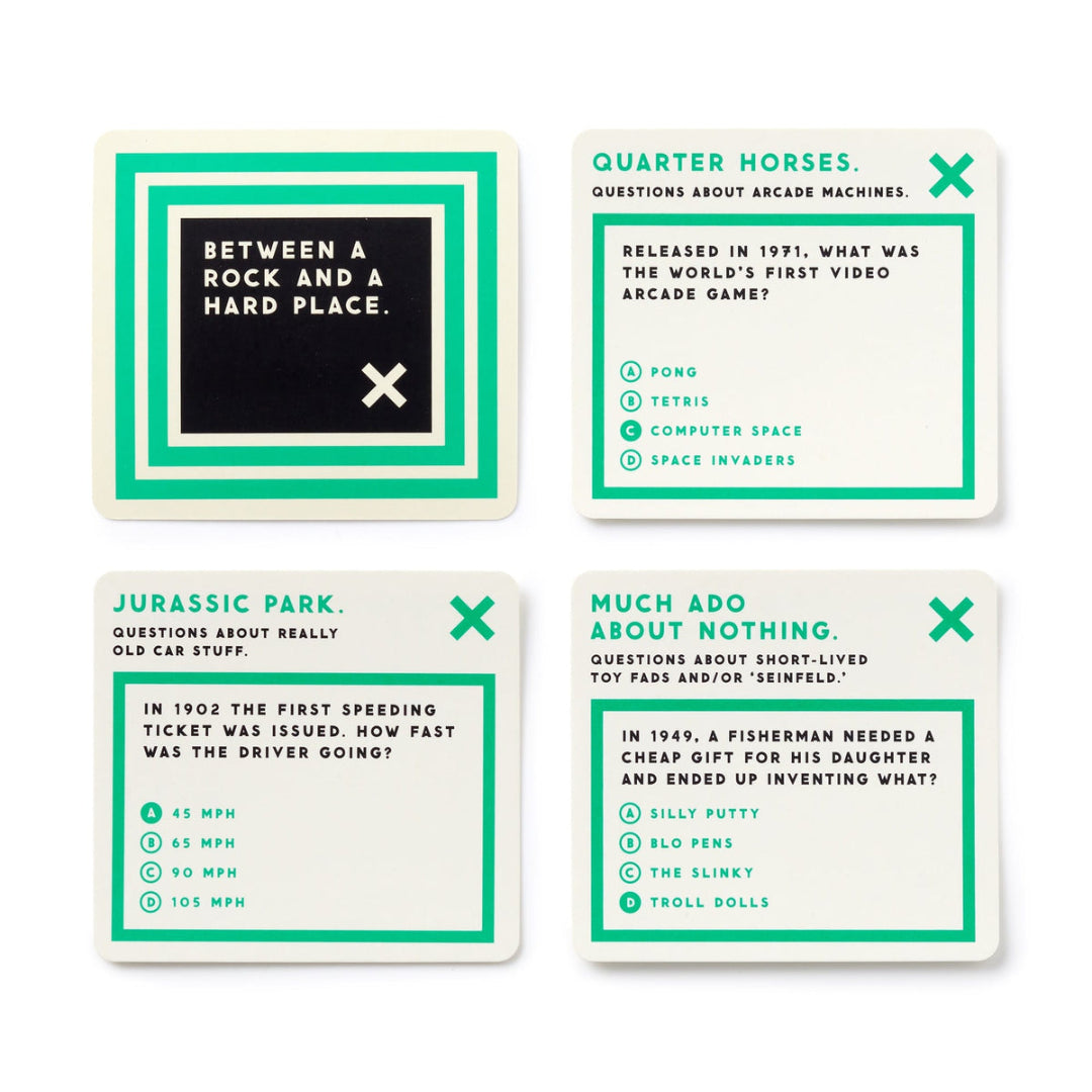 Four trivia cards with questions and answers on a white background