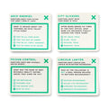 Four rectangular trivia cards arranged in a 2x2 grid on a light gray background. Each card has a cream background with teal text and a teal X at the top right.