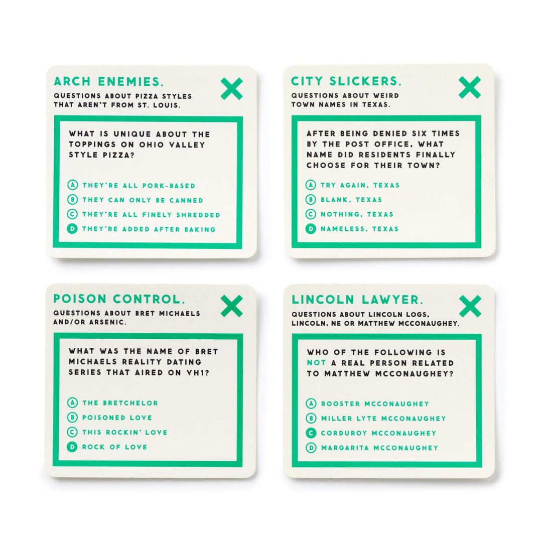 Four rectangular trivia cards arranged in a 2x2 grid on a light gray background. Each card has a cream background with teal text and a teal X at the top right.