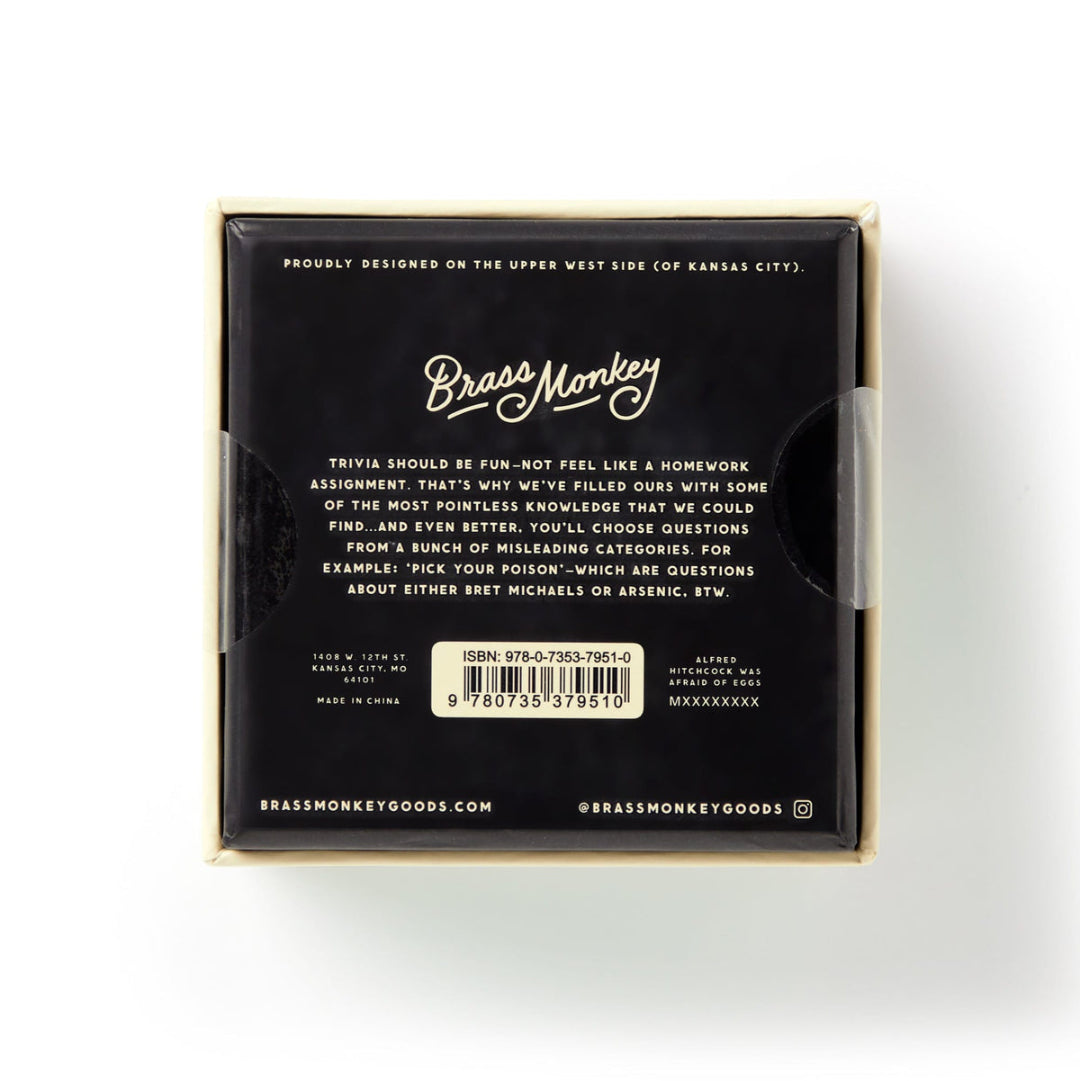 The back of a Brass Monkey product box, featuring the brand name in white script, a trivia description, a barcode, and ISBN details, set against a plain white background.