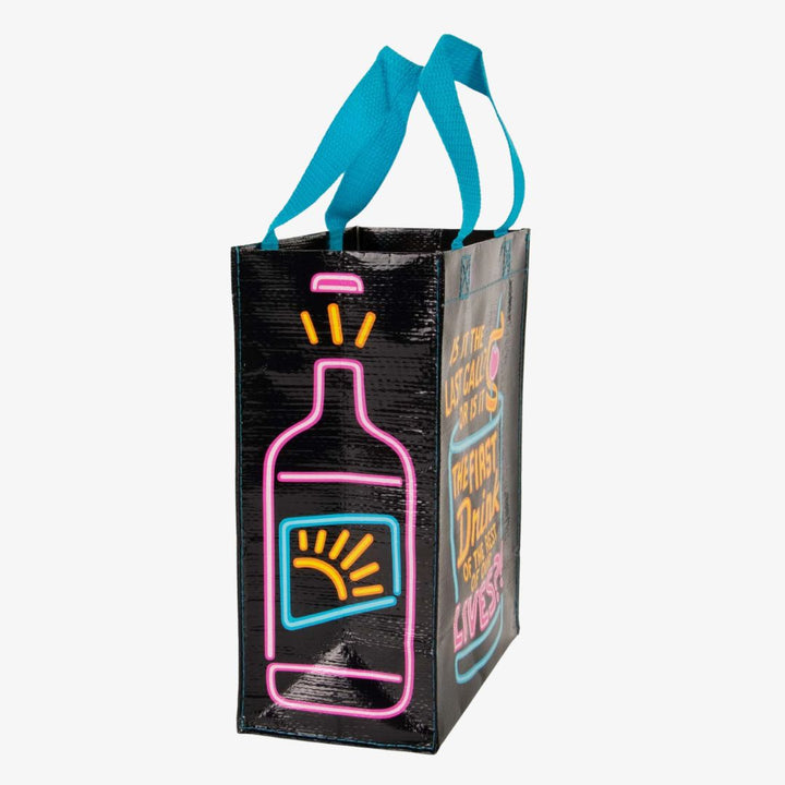 A black reusable tote bag with bright neon blue, pink, and yellow graphics. The front features a large cocktail glass with a cherry and straw, and text that reads 