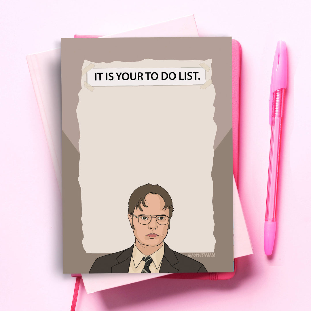 Card with illustration of a character and text 'IT IS YOUR TO DO LIST.' on a pink background