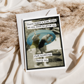 Greeting card with humorous text and vintage photo of two people playing frisbee on a white surface with pampas grass.