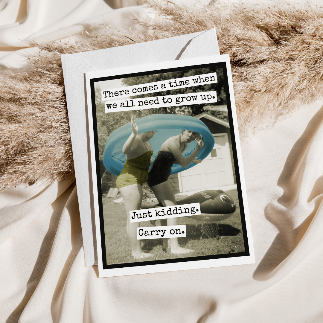 Greeting card with humorous text and vintage photo of two people playing frisbee on a white surface with pampas grass.