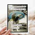 Vintage photo of two people with inflatable rings, text overlay on a textured surface.