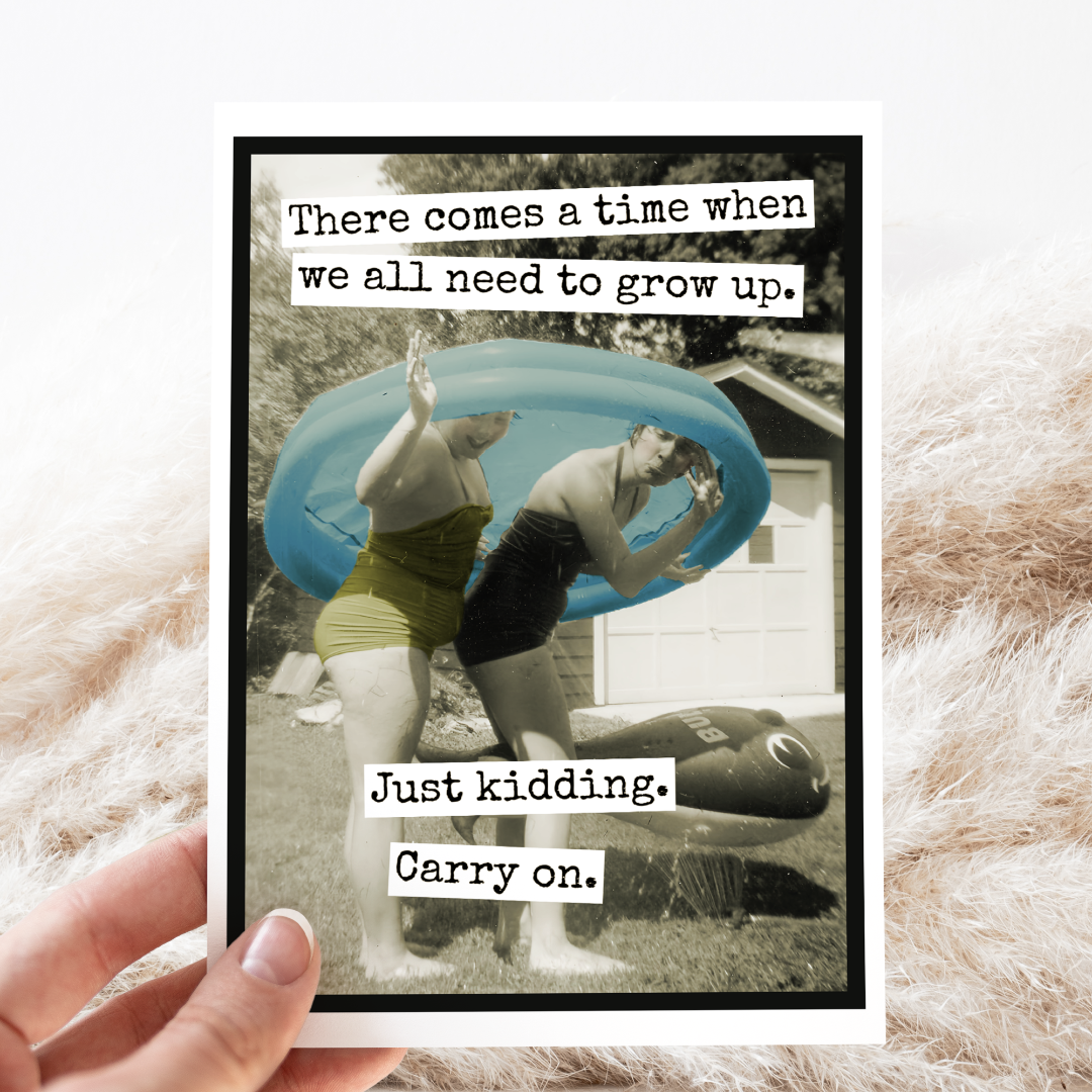 Vintage photo of two people with inflatable rings, text overlay on a textured surface.