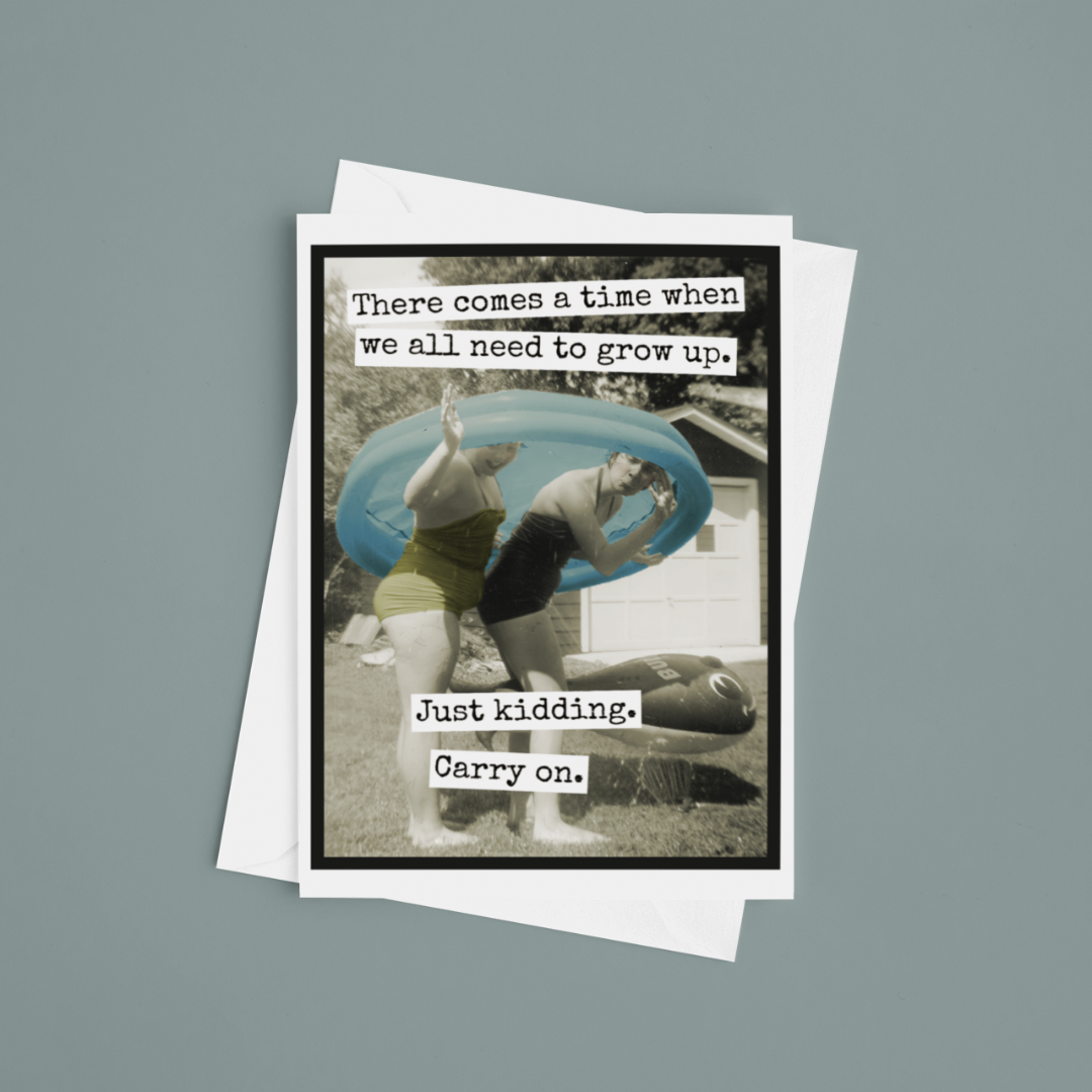Greeting card with humorous text and black and white photo of two people on a trampoline.