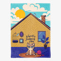 Illustration of a cat sitting on a roof with a house in the background, featuring text 'Silently judging you'.