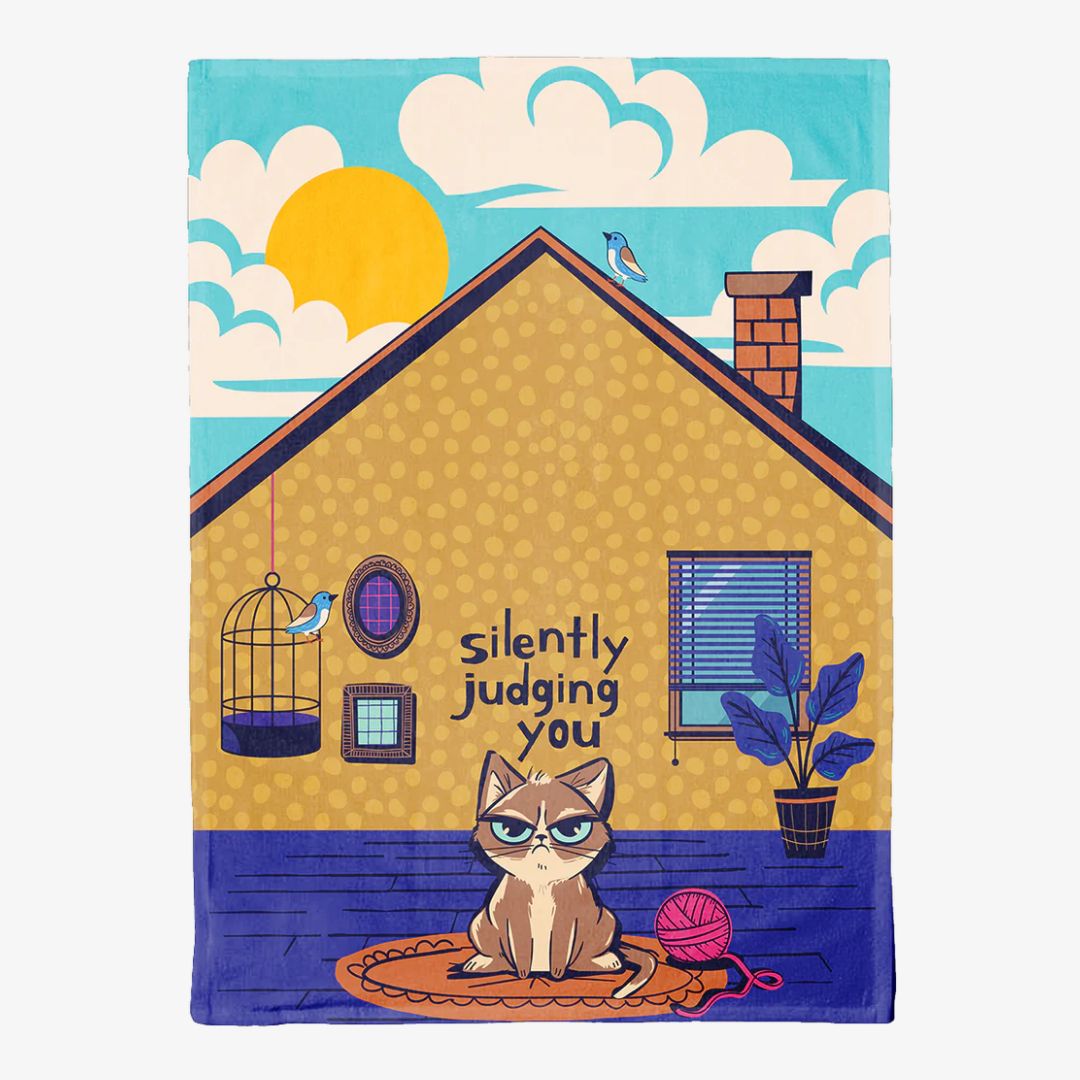 Illustration of a cat sitting on a roof with a house in the background, featuring text 'Silently judging you'.