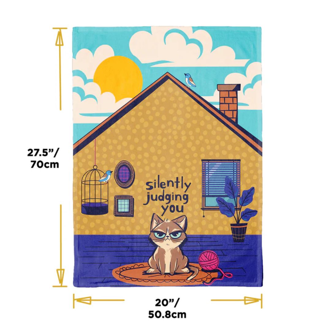 Illustration of a cat sitting on a roof with text 'silently judging you' and house elements, with measurements indicated.