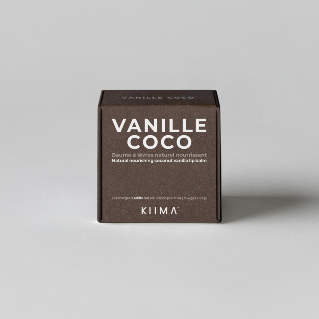 Kima Vanille Coco product packaging on a gray background