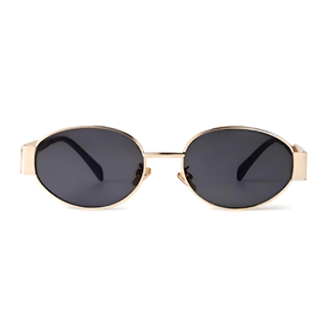 Gold-framed sunglasses with black lenses on a white background