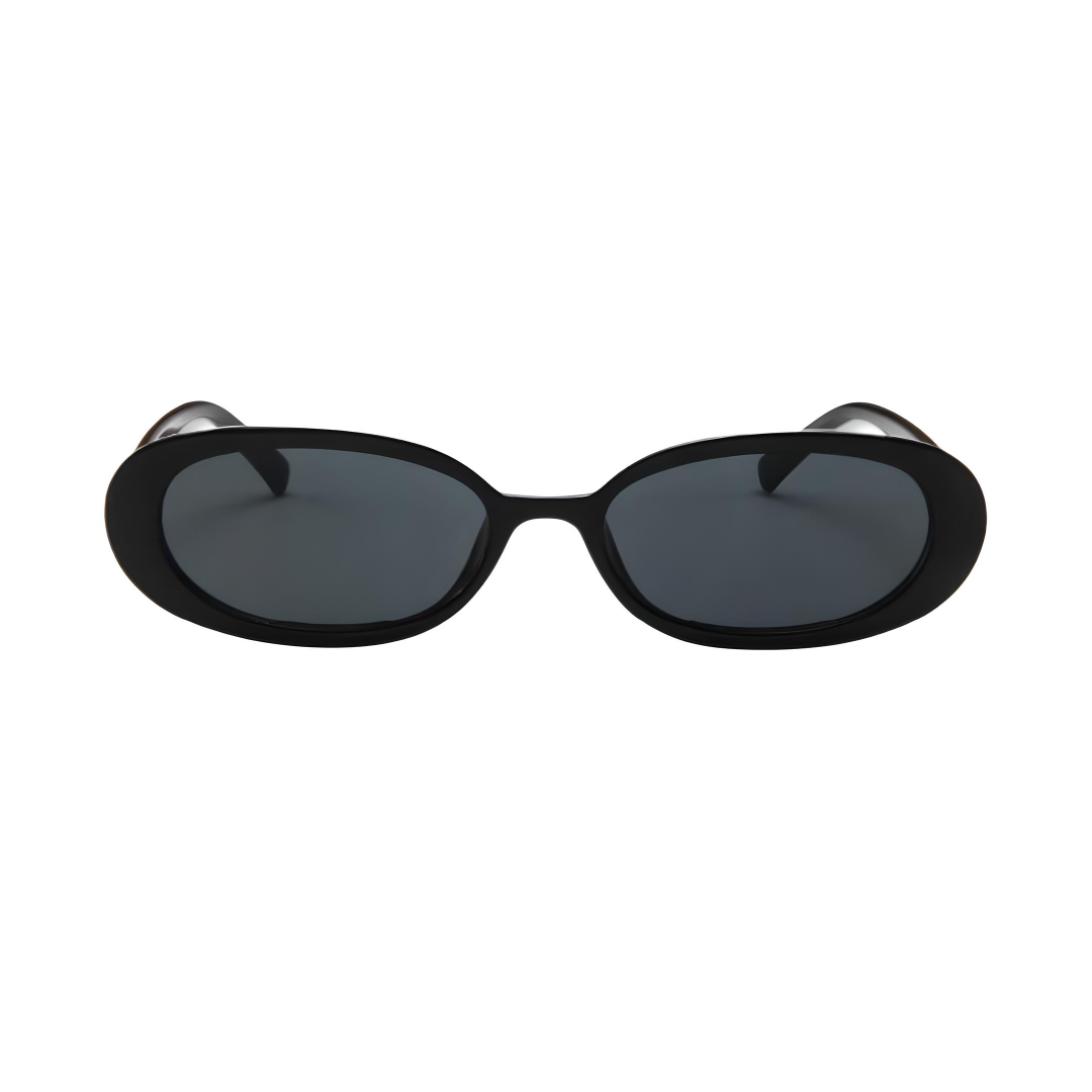 Black sunglasses with dark lenses on a white background
