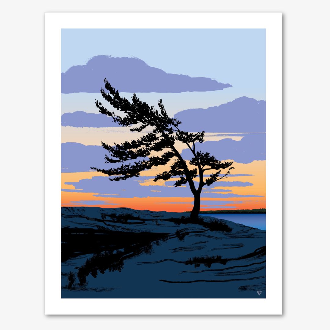 Surreal landscape with a tree against a colorful sky