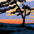 Silhouette of a tree against a colorful sunset sky with blue, orange, and purple hues.