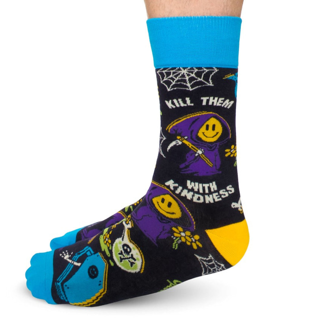 Sock with Halloween-themed design and text 'Kill Them with Kindness' on a white background