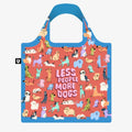 A colorful tote bag with a dog-themed design. The bag is covered in illustrations of various dog breeds in different poses, with the text "Less People More Dogs" printed in the center.