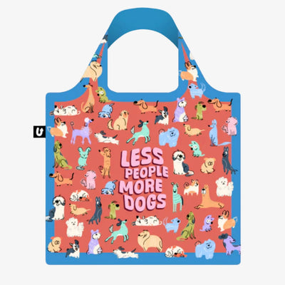 A colorful tote bag with a dog-themed design. The bag is covered in illustrations of various dog breeds in different poses, with the text 