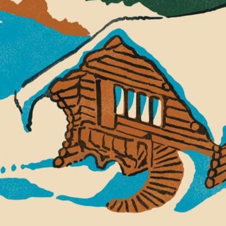 A vintage-style art print depicting a snow-covered cabin in a mountainous landscape under a blue sky, with the text 'The Laurentiens' in orange script at the top. This regional art print could be of interest to those in Ottawa, Ontario, Canada.