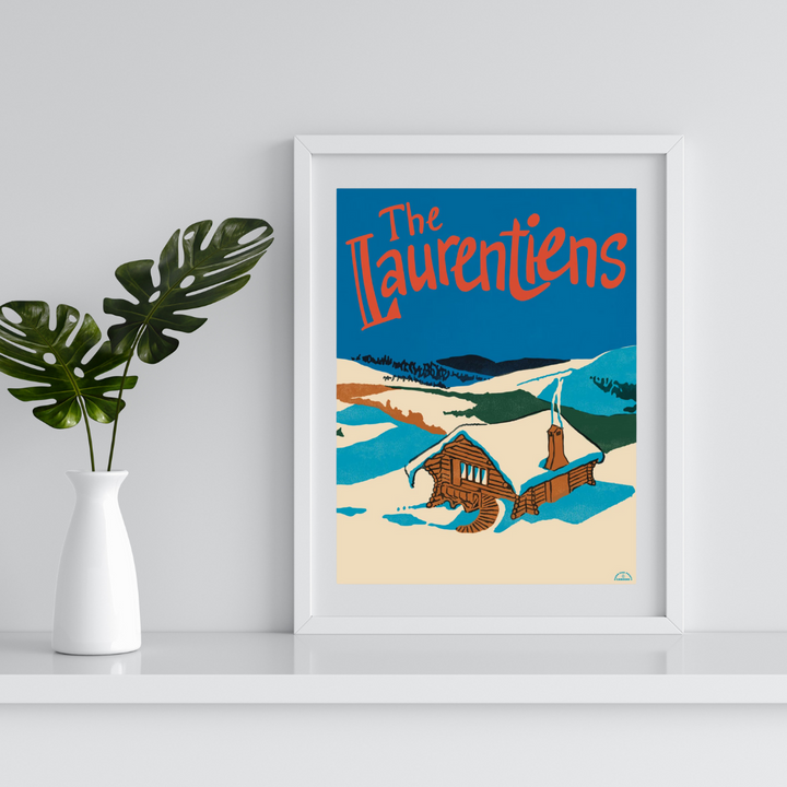 A vintage-style art print depicting a snow-covered cabin in a mountainous landscape under a blue sky, with the text 'The Laurentiens' in orange script at the top. This regional art print could be of interest to those in Ottawa, Ontario, Canada.