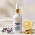 Shroom Soda bottle with lavender and lemon on a neutral background