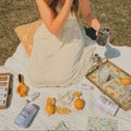 Woman in a white dress sitting on a picnic blanket with lemons, bottles, and a tray.