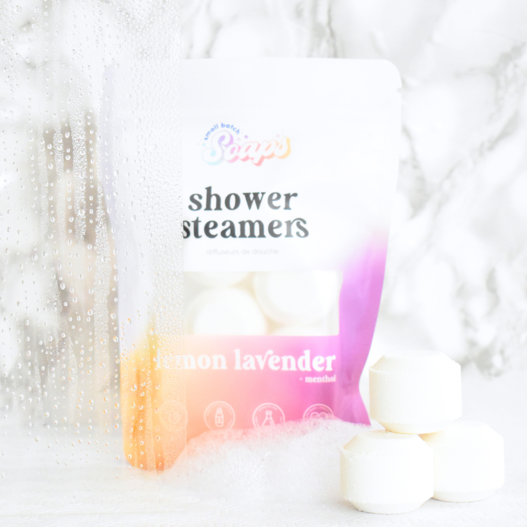 Shower steamers with lemon lavender scent on a white background